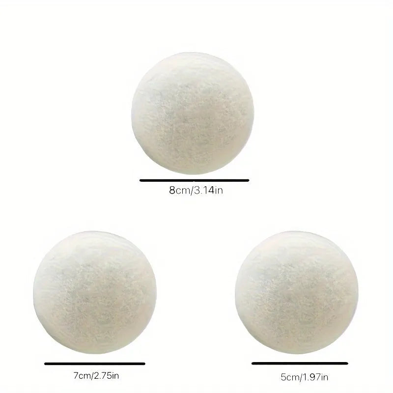 Set of six low allergenic laundry drying balls in various sizes for wrinkle reduction
