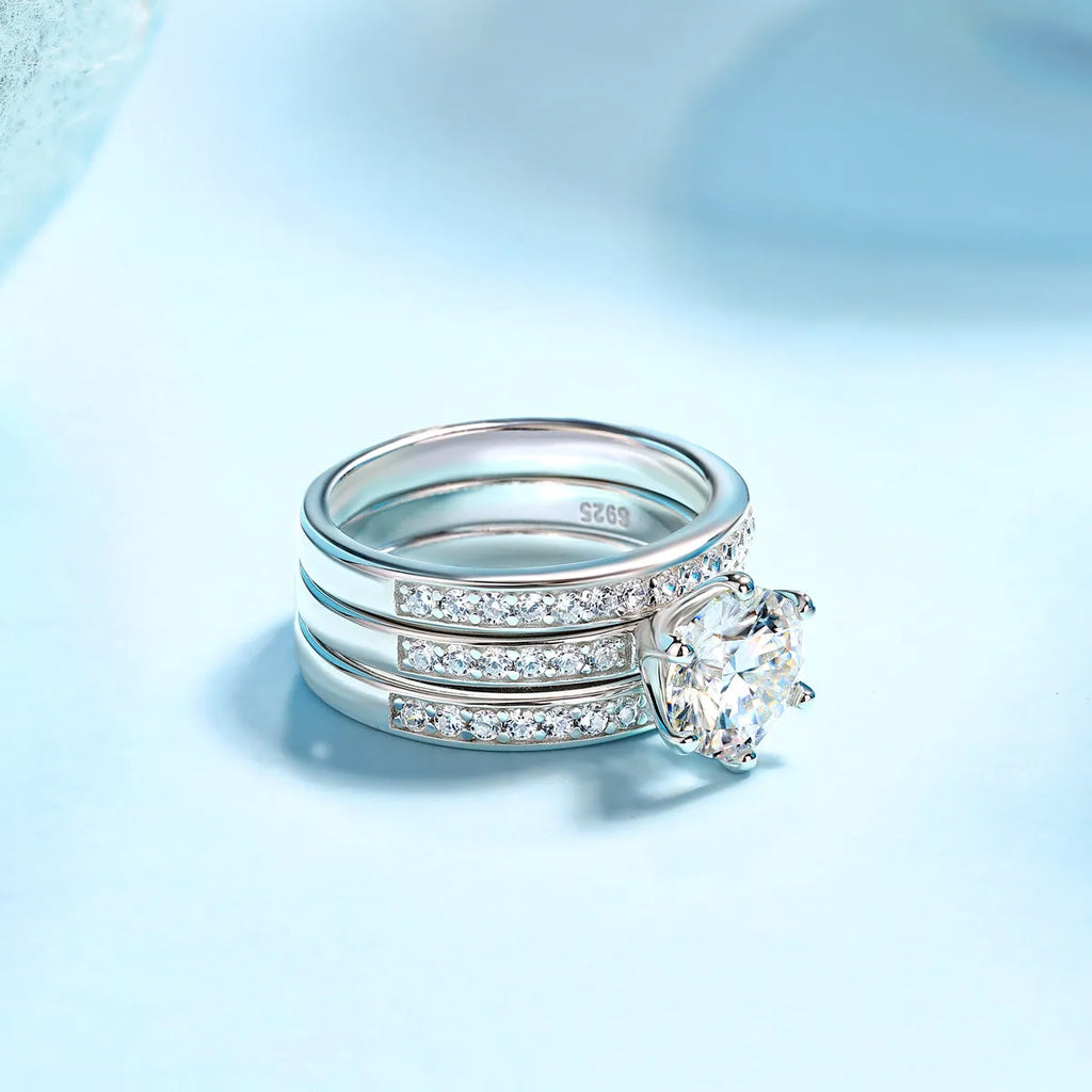 Wedding ring set with 2-carat moissanite in S925 silver platinum plating, gift box, GRA certificate