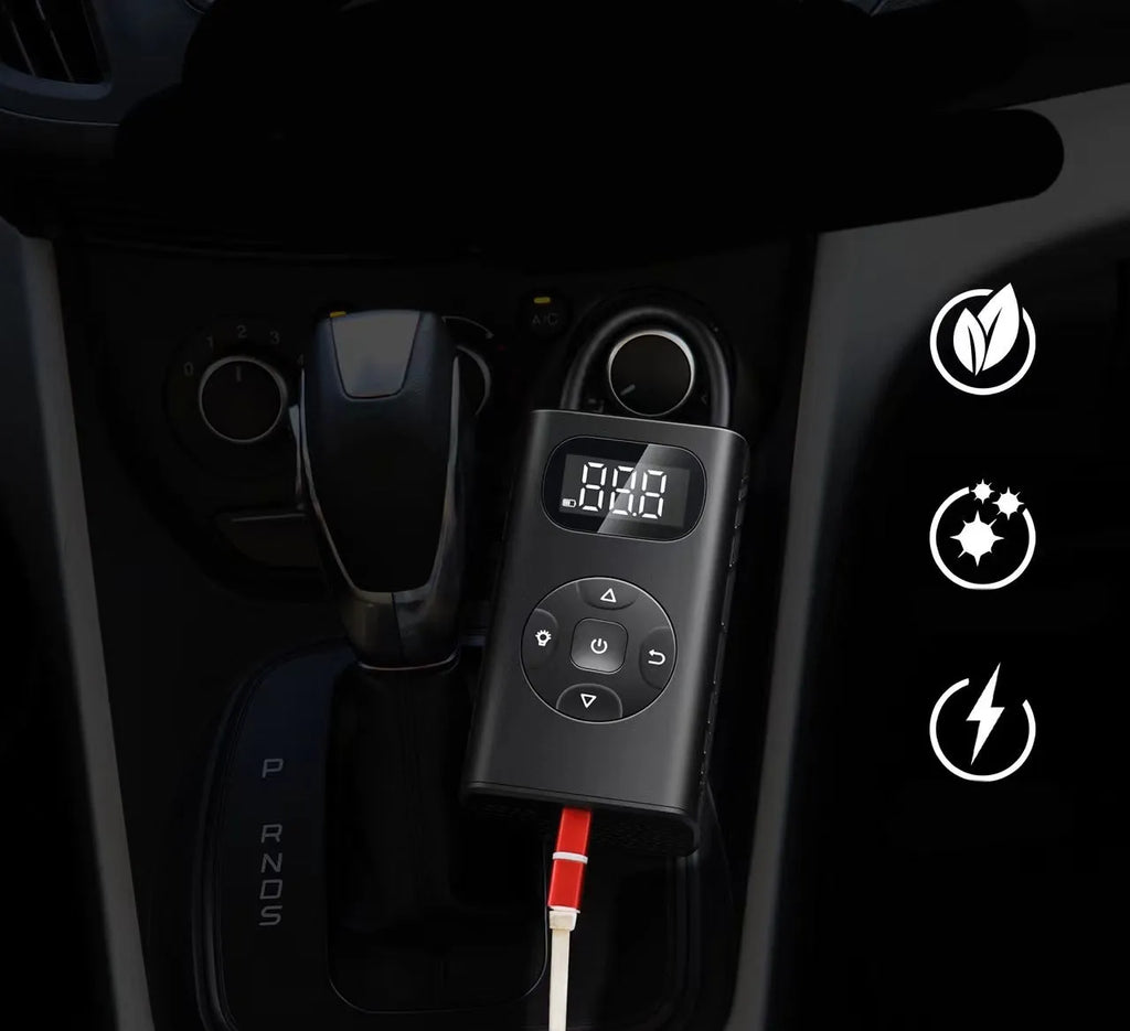 Black M09X portable tyre inflator power bank with aviation aluminium alloy construction and USB charging port