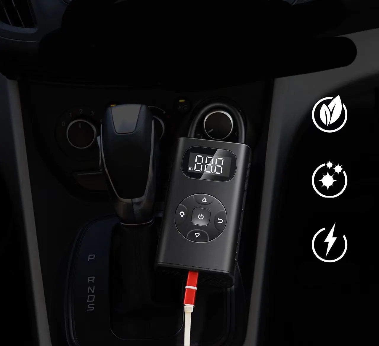 Black M09X portable tyre inflator power bank with aviation aluminium alloy construction and USB charging port
