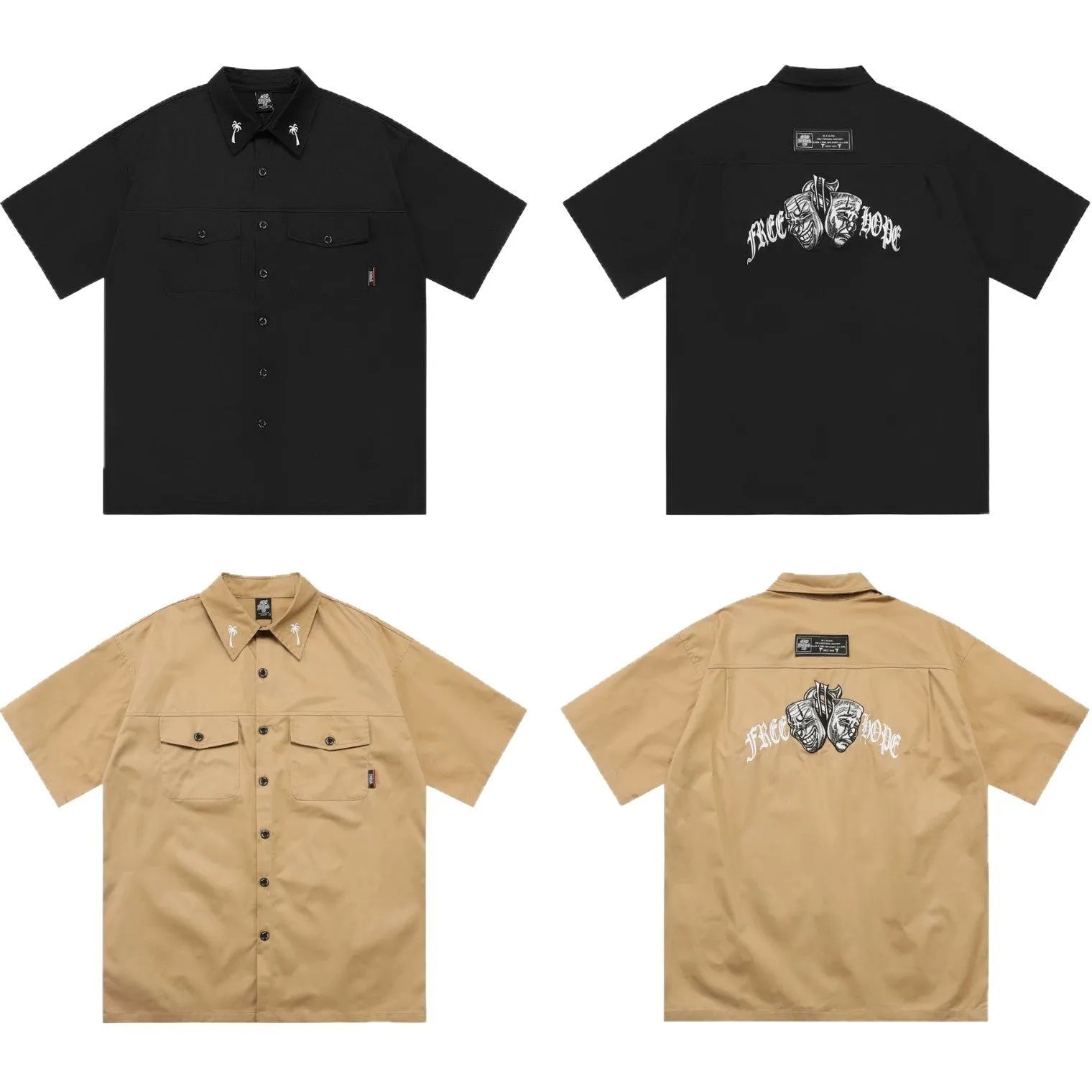 Men's loose fit embroidered cotton blend half sleeve shirt in black and khaki colours