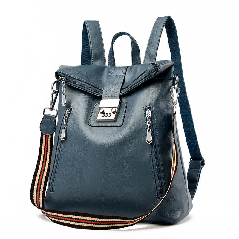 Anti-theft password backpack for women in blue with PU outer, nylon lining, soft build and outer slit pocket