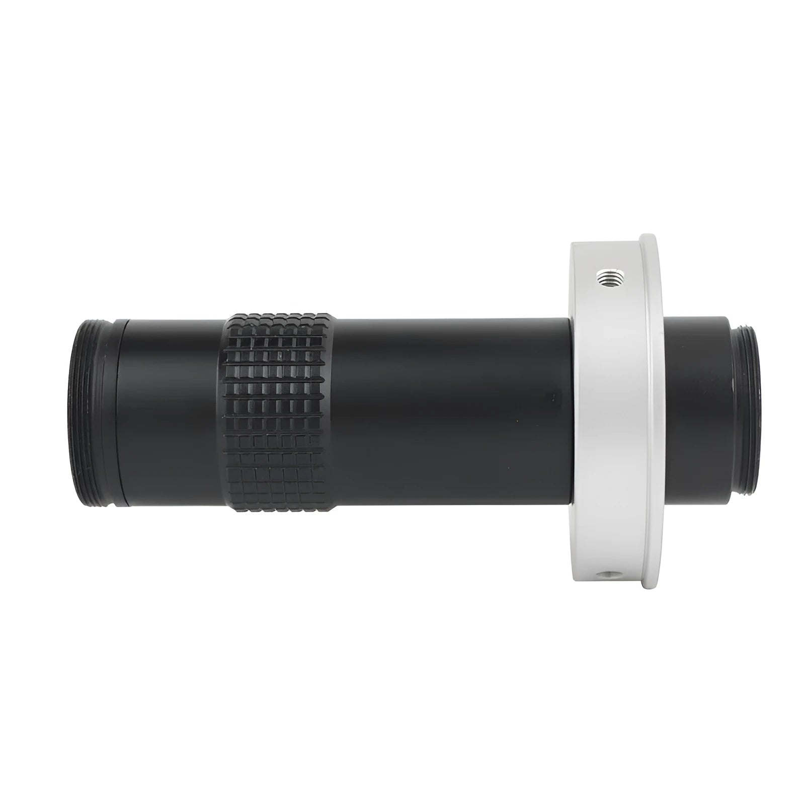 Black anodised aluminium industrial camera monocular lens for high-magnification inspection.