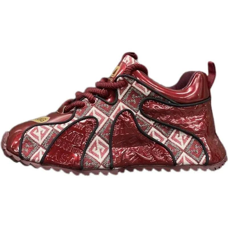 Men's beige platform casual shoes with embroidery detail on the PU upper and a rubber sole.