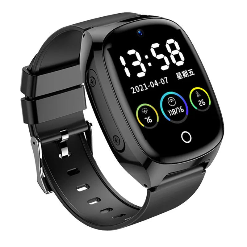 Black GPS tracker smartwatch with 1.54-inch touch screen showing health monitoring display