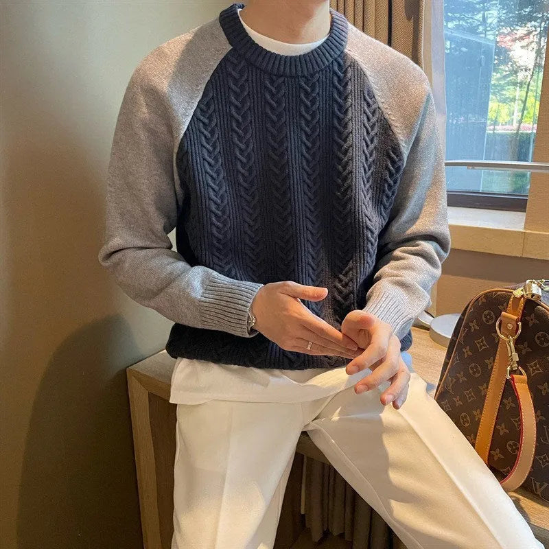 Thickened colour-blocked cable knit round neck pullover for men in apricot and blue