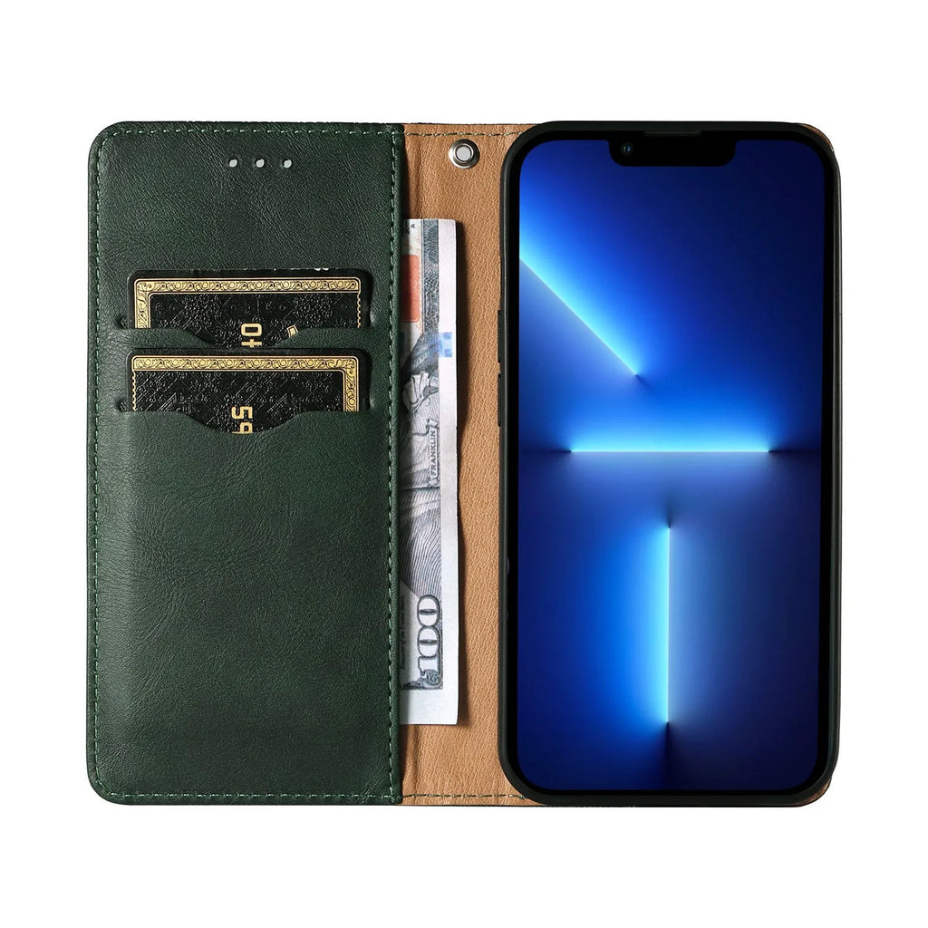 Embossed leather flip phone case for iPhone in black, shown open.
