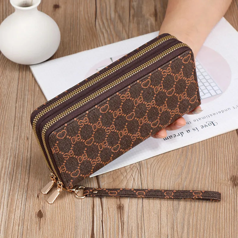 Black PU leather long wallet clutch with mobile phone compartment and zip coin purse