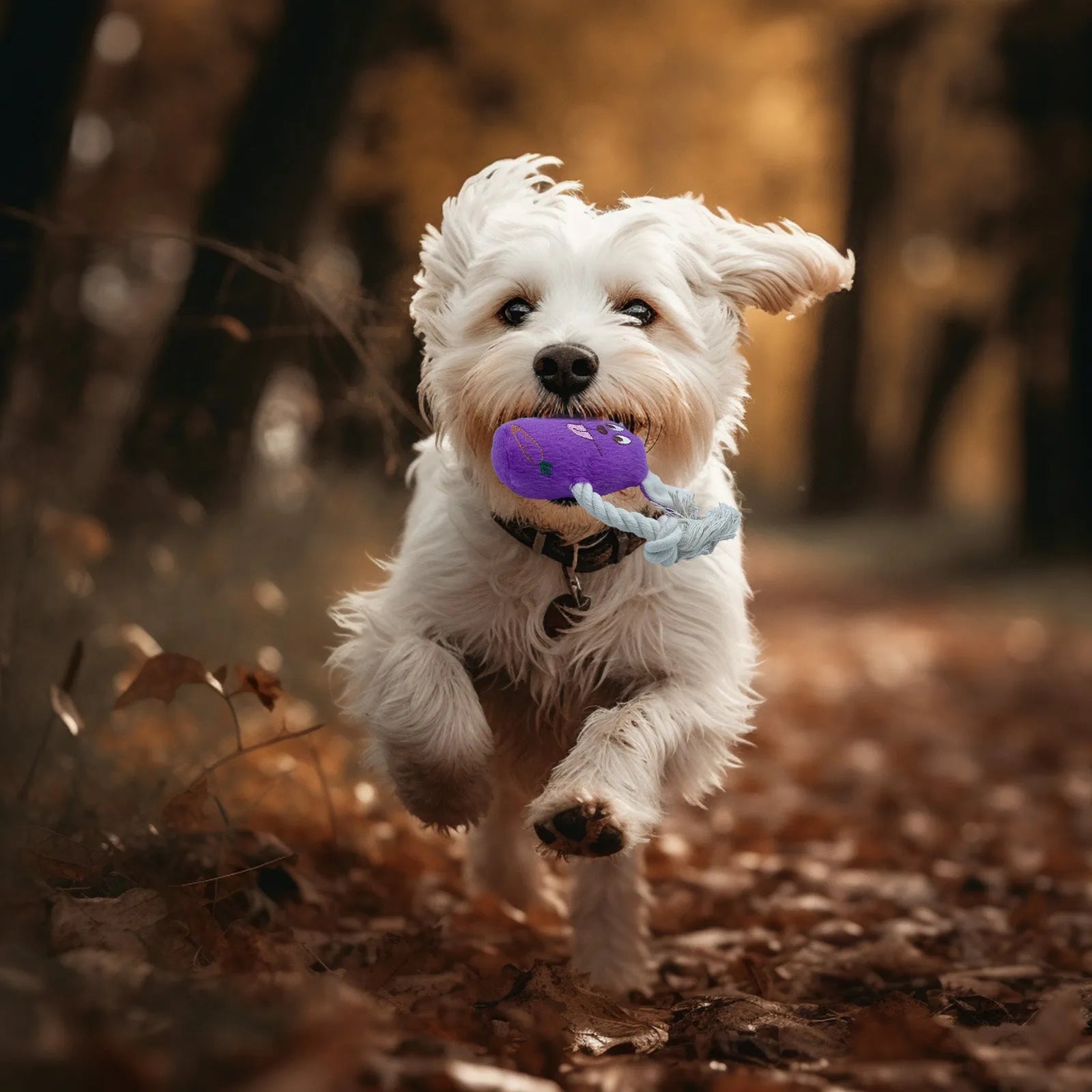 Blue bite-resistant teddy dog toy with a squeaker bone and soft corn fleece lining