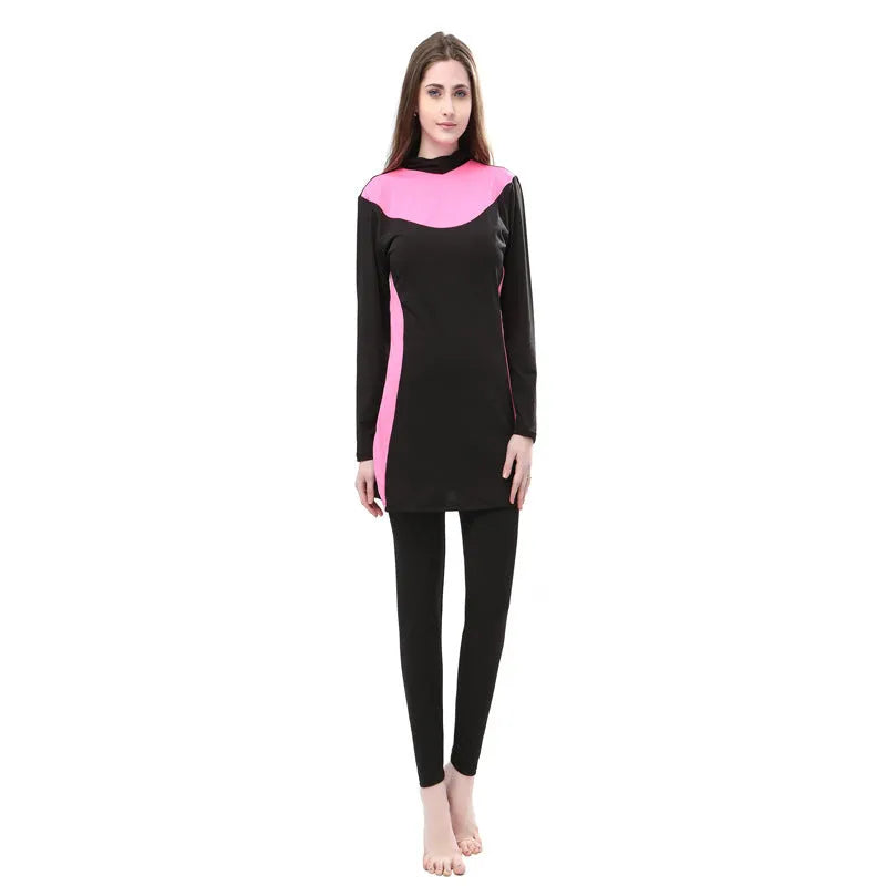 Women's conservative swimsuit with long sleeves and hood in black with contrasting colour accents