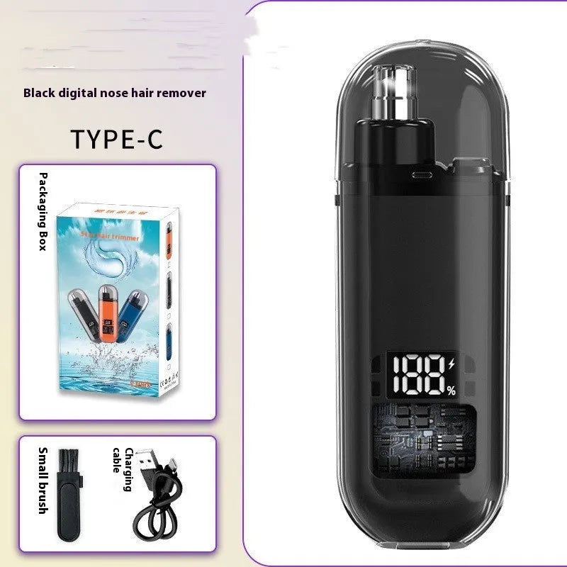Rechargeable nose hair trimmer with digital display, shown in black, blue, and orange colour options.