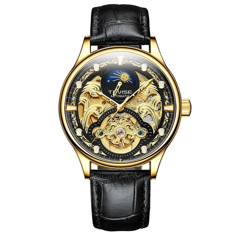 Men's waterproof automatic mechanical watch with leather strap in business style