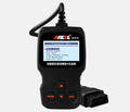 Black universal OBD2 car diagnostic code reader and instruction manual for engine fault detection.