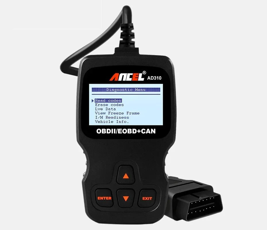 Black universal OBD2 car diagnostic code reader and instruction manual for engine fault detection.