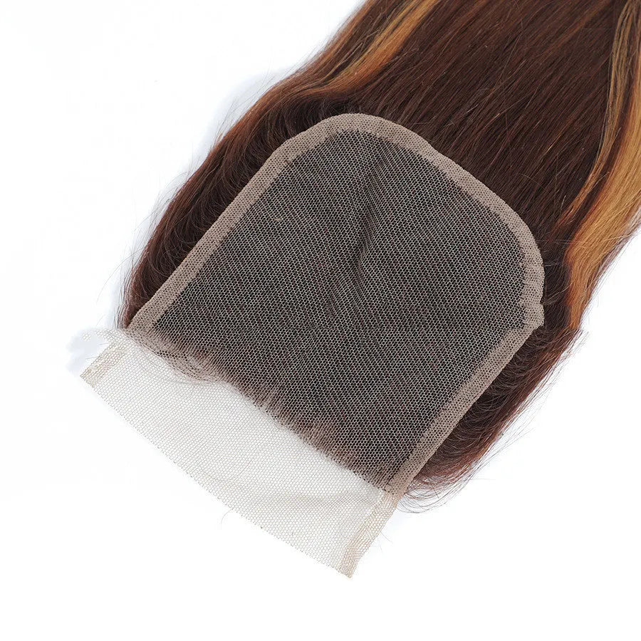 Human hair wig piece with long straight hair and side bangs in 8A bundle bubble hair, piano colour effect, 8-32 inch lengths