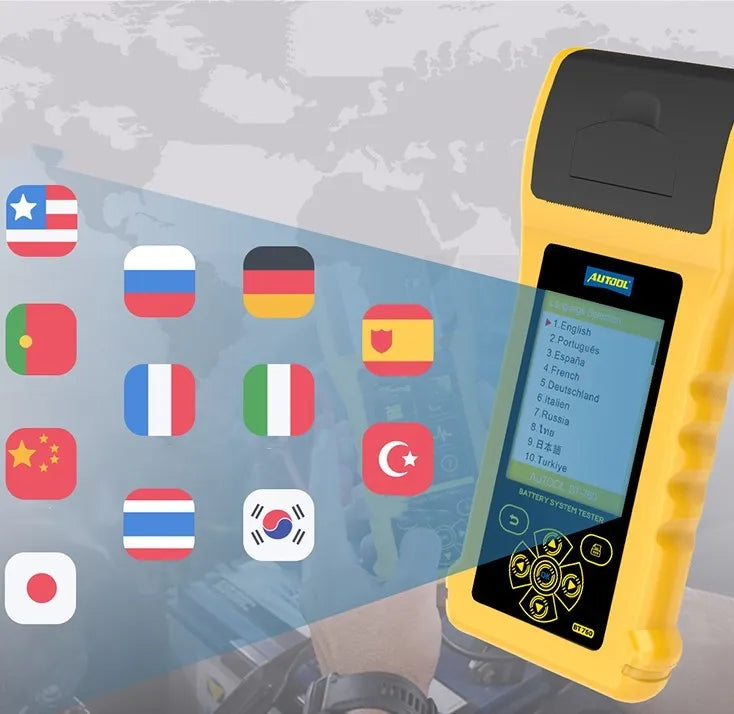 Autool BT760 vehicle battery tester with colour screen, test clips, and built-in thermal printer.