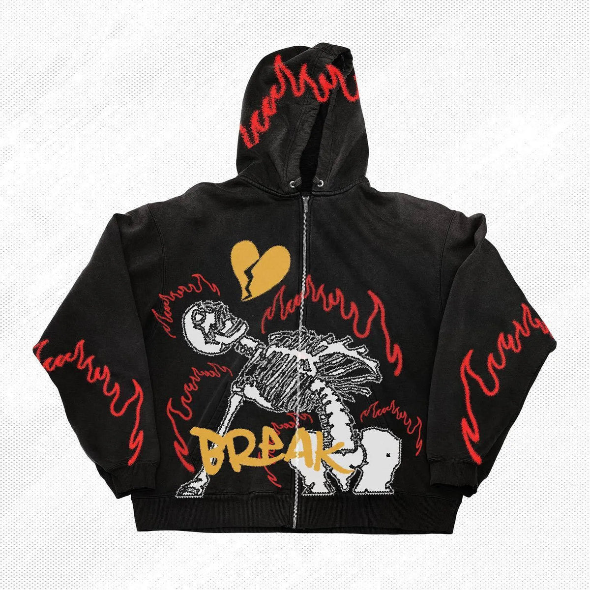 Black cotton polyester skull print hoodie on model, pullover style with hood and long sleeves, M to 3XL sizes