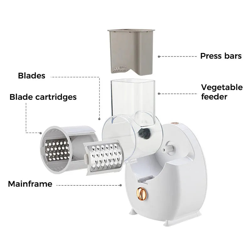 White electric vegetable slicer with rotary grater, strong suction base, and multiple blade attachments