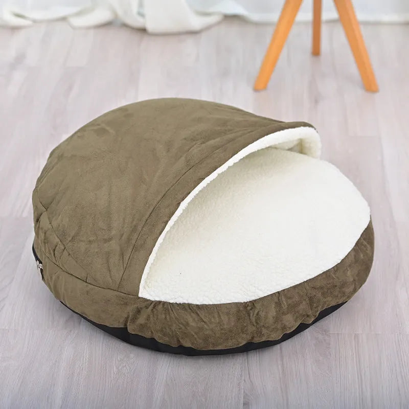 Brown cloth dog kennel with a removable washable cover shown next to a grey version.