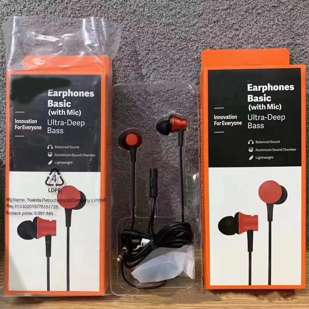 Piston style in-ear wired headphones with 3.5mm plug in black, blue, and red colour options.