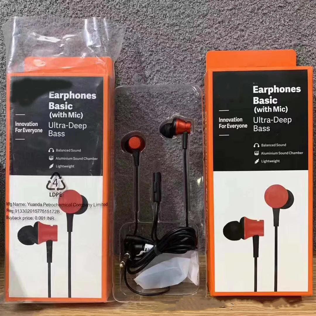 Piston style in-ear wired headphones with 3.5mm plug in black, blue, and red colour options.