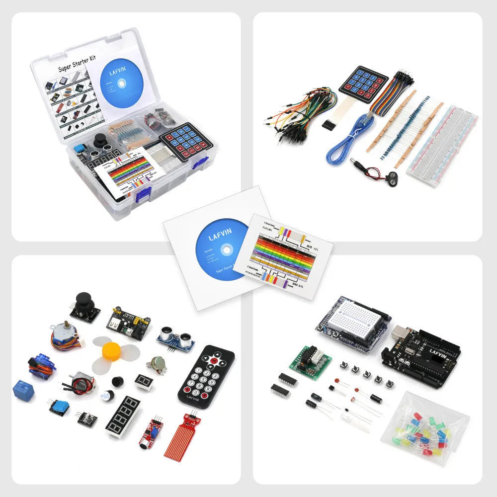 LAFVIN Arduino UNO R3 Super Starter Kit with blue controller board and electronic components