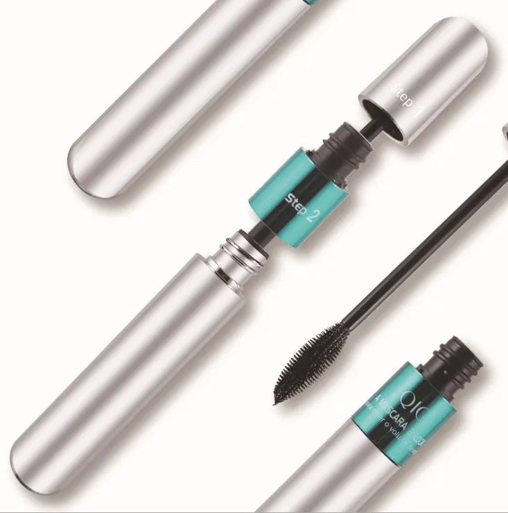 Two-in-one double mascara in silver packaging, volumising and lengthening formula, waterproof and smudge-resistant