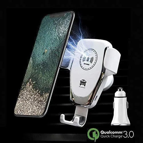 Black car wireless charger mounted on vent automatically clamping iPhone with 18W fast charging