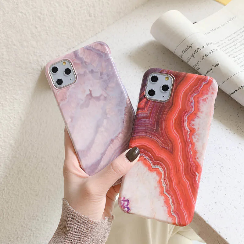 Marbled TPU soft back cover phone case for iPhone in purple and red colour options