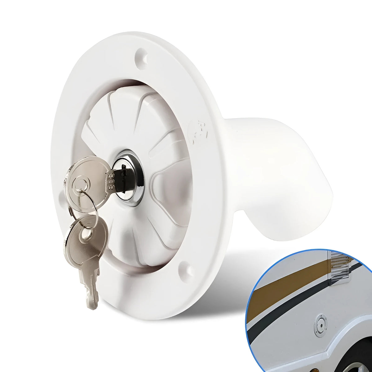 White RV gravity water filling port with 80mm hole size and 38mm inner pipe diameter