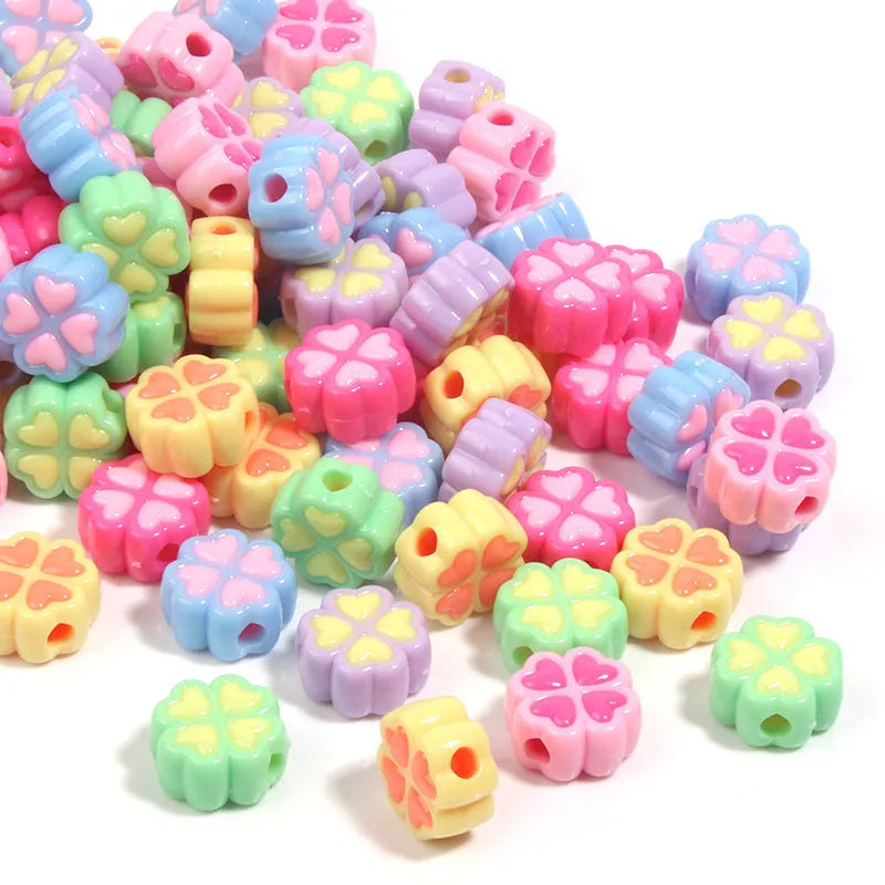 15mm frosted acrylic four-leaf clover beads with love pattern in mixed colours for crafts