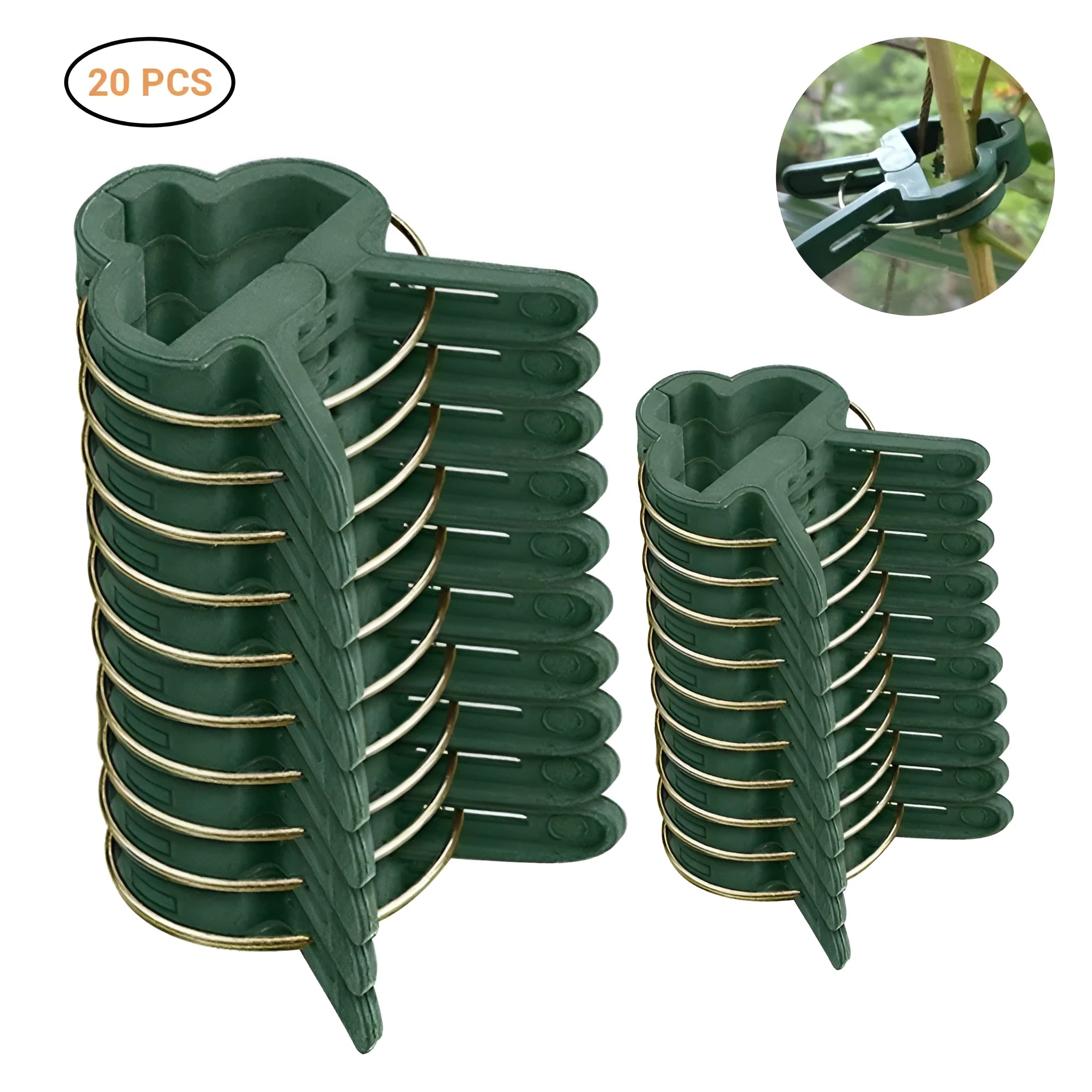 Green plastic and zinc plant fixing clips in large and small sizes for supporting climbing plants in the garden.