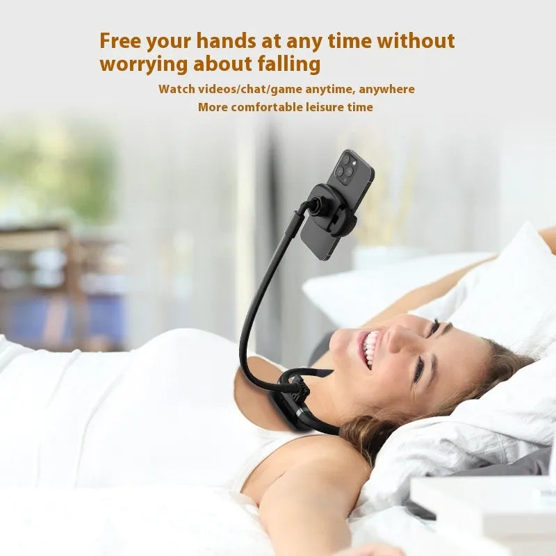 Black plastic hanging neck multifunctional desktop phone holder on desk with phone in place
