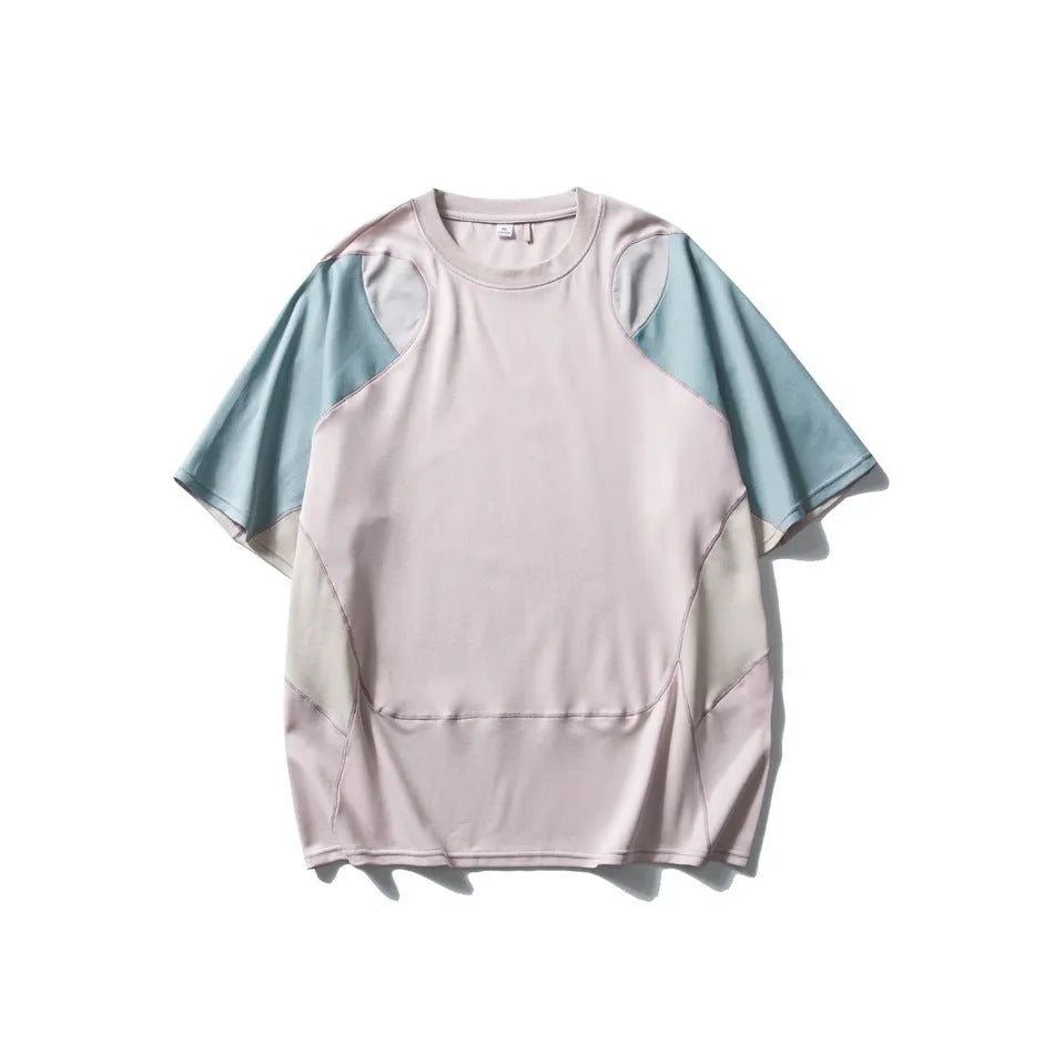 Men's loose blue short sleeve t-shirt with raglan sleeves on a hanger.