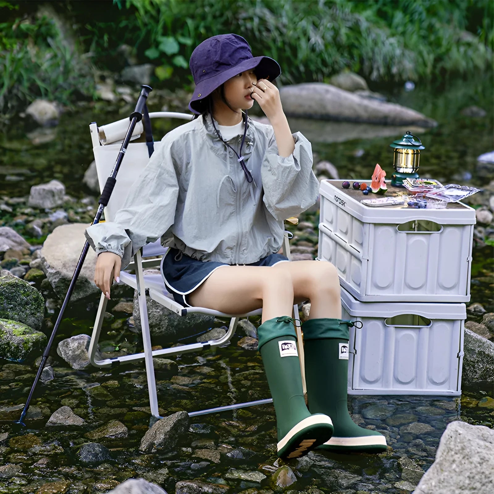 Couple Platform high tube waterproof PVC rain boots in black, green, beige, or red colours.