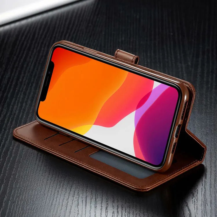 Brown leather wallet phone case with magnetic buckle and card slots for Apple iPhone