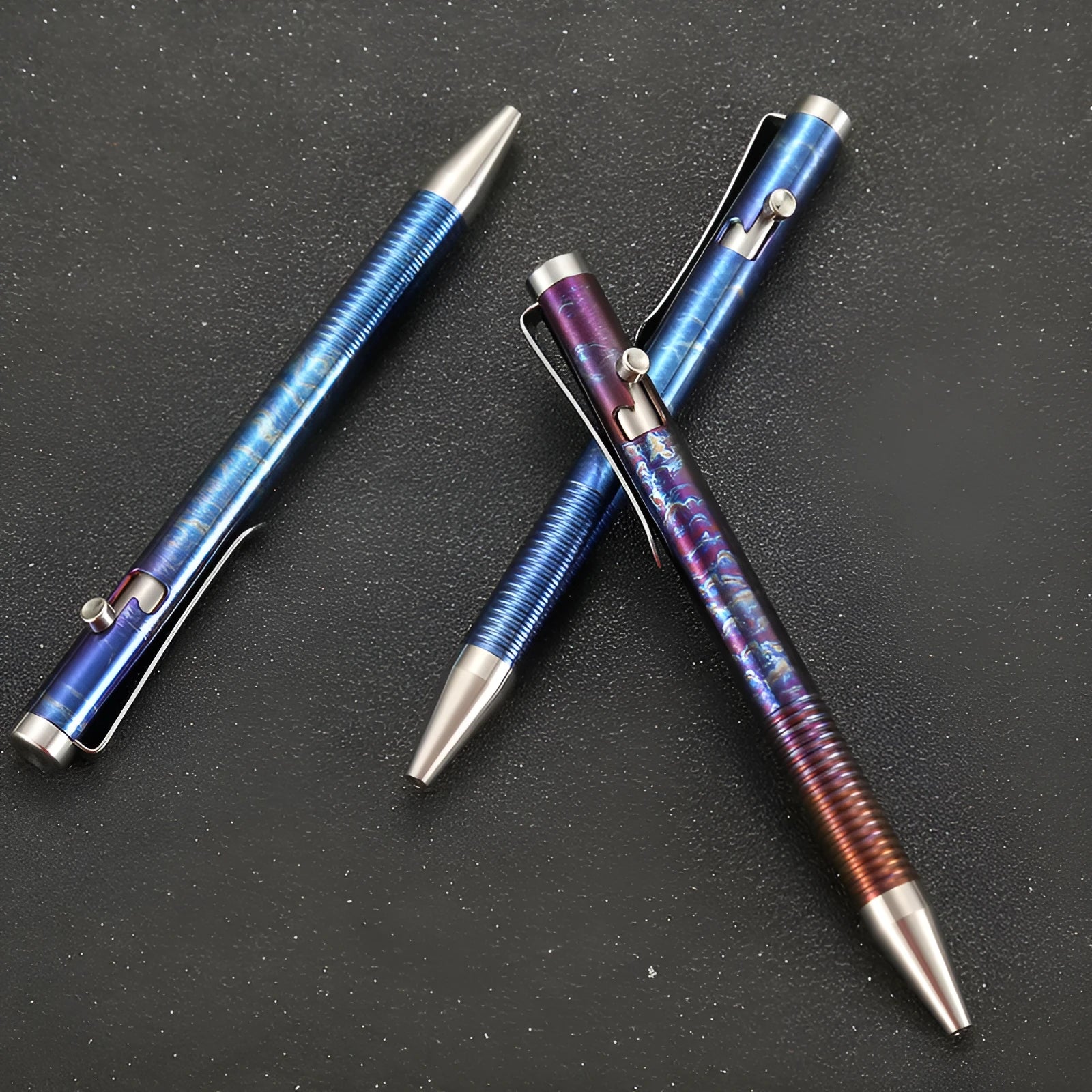Titanium alloy gun bolt handle ball pen with magic colour phantom finish showing iridescent effects