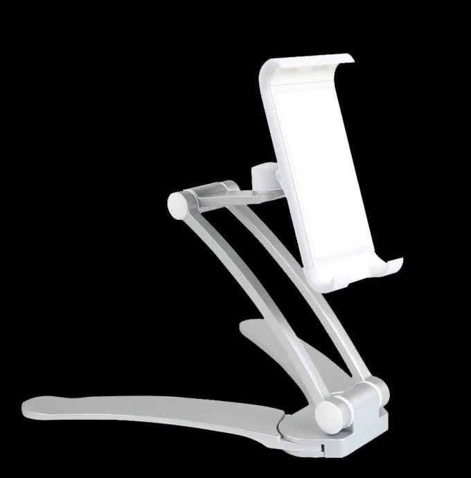 Silver aluminum alloy desktop tablet stand with white mount holding a tablet at an angle