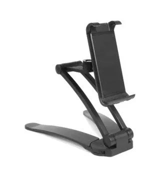 Silver aluminum alloy desktop tablet stand with white mount holding a tablet at an angle