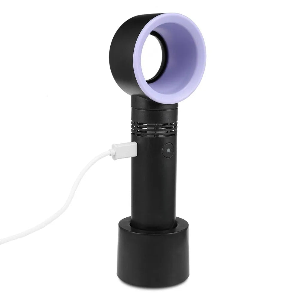 A portable bladeless desk fan with USB charging cable, shown in one of the available colours such as blue, black, or white.