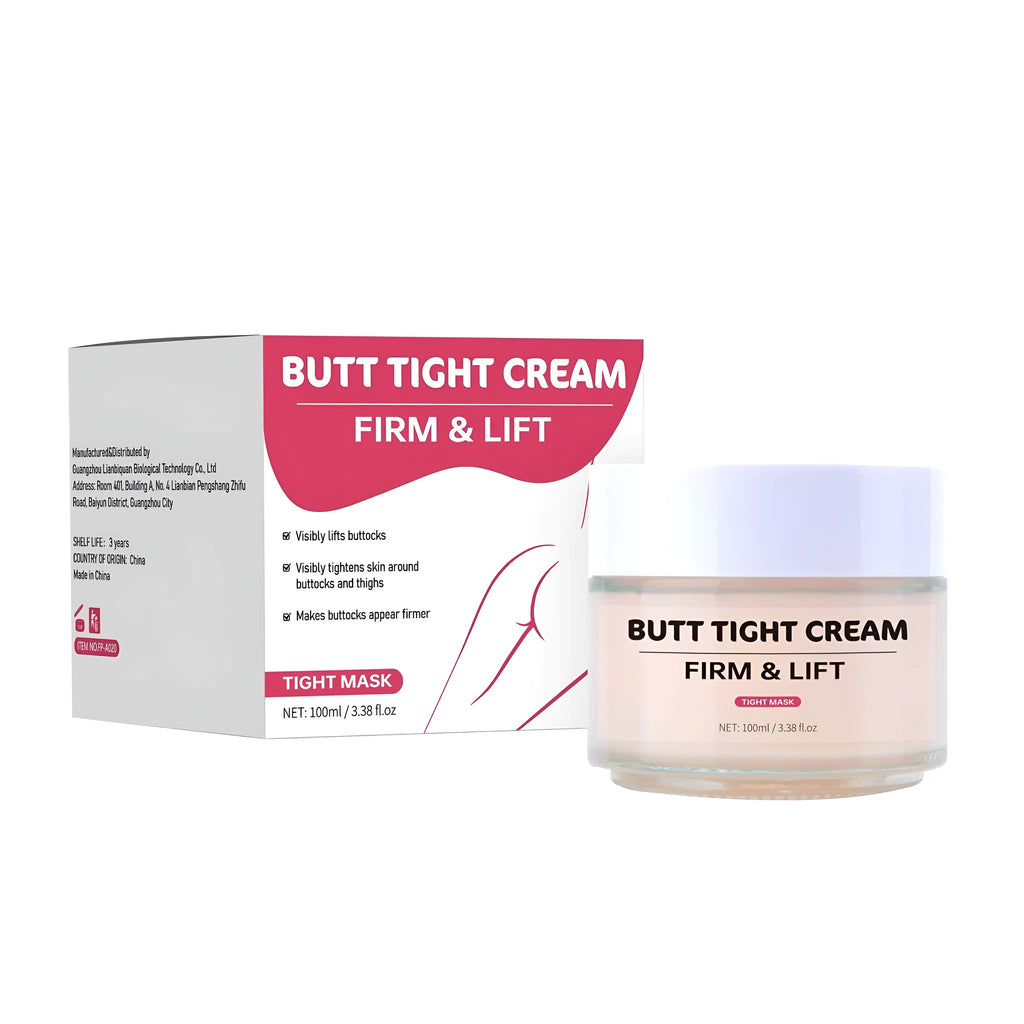 100ml bottle of hip tightening cream with application tool on white background