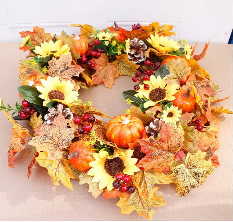 Autumn pumpkin wreath with fabric leaves, simulation pumpkins, berries, and pine cones on a vine ring, 50cm diameter