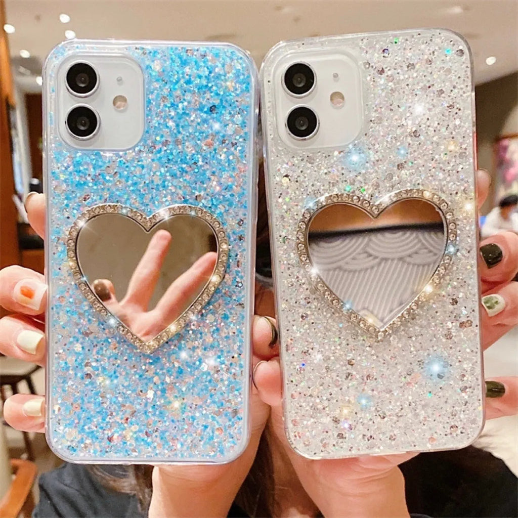 Epoxy mirror heart shape rhinestone phone case in glitter gold for Apple iPhone showing full coverage design