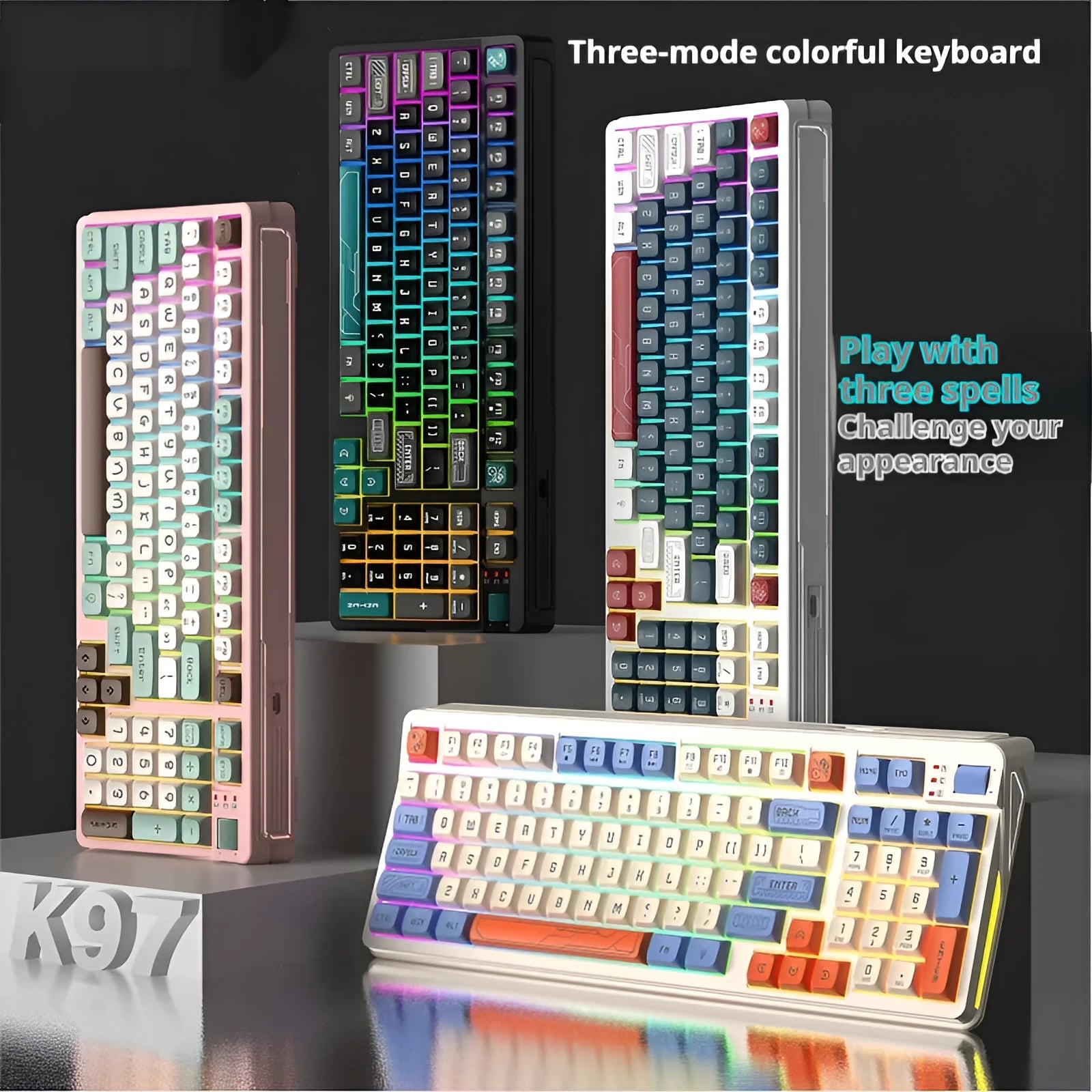 Desktop computer keyboard with luminous keys and a 1.8 metre cable, shown in a choice of colour combinations.