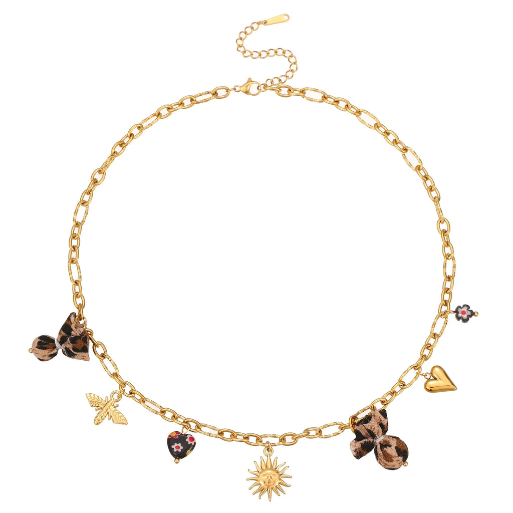 Geometric leopard pendant necklace with love heart and flower engravings on gold-plated chain