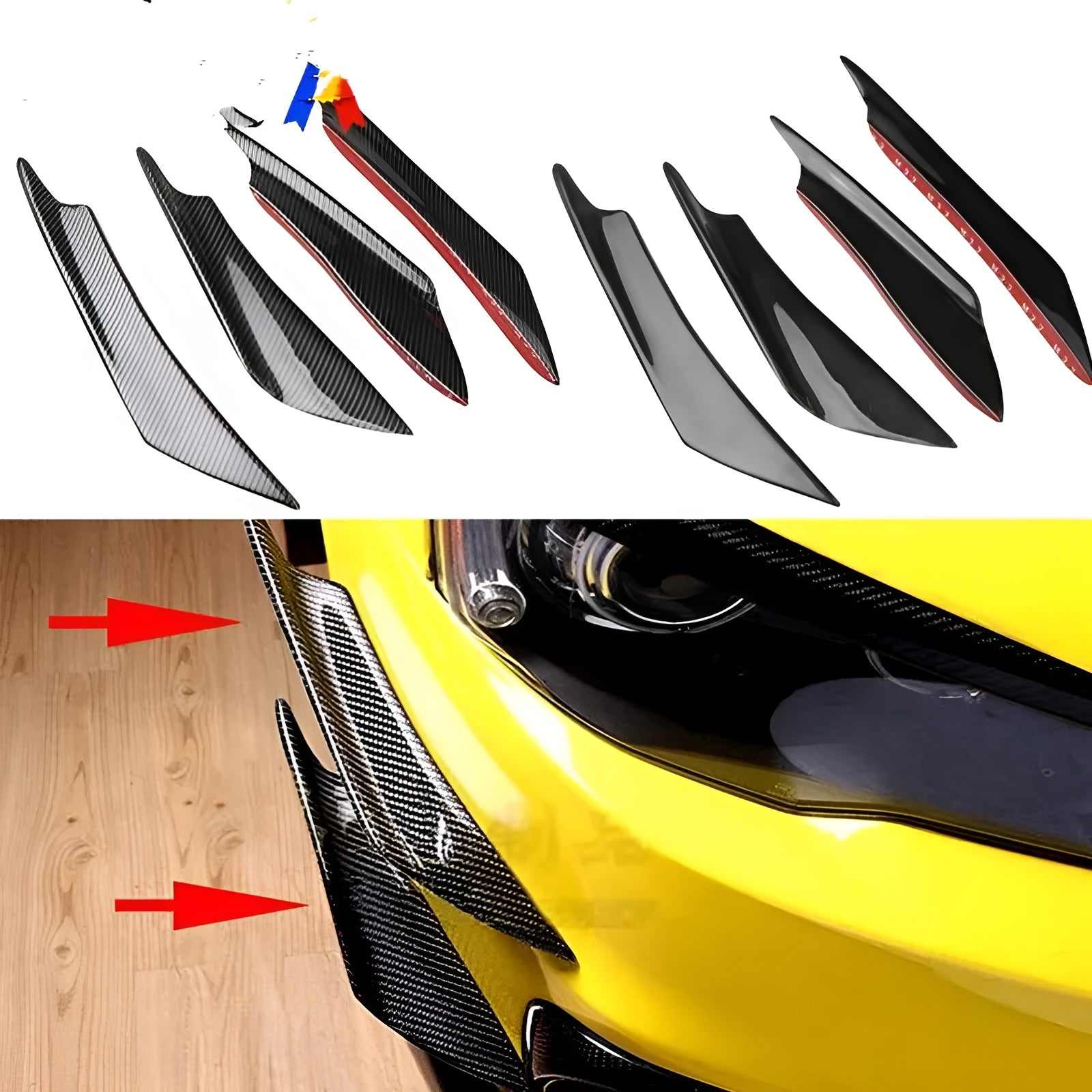 Carbon fibre automotive bumper blade kit with four ABS plastic air spoilers for vehicle modification
