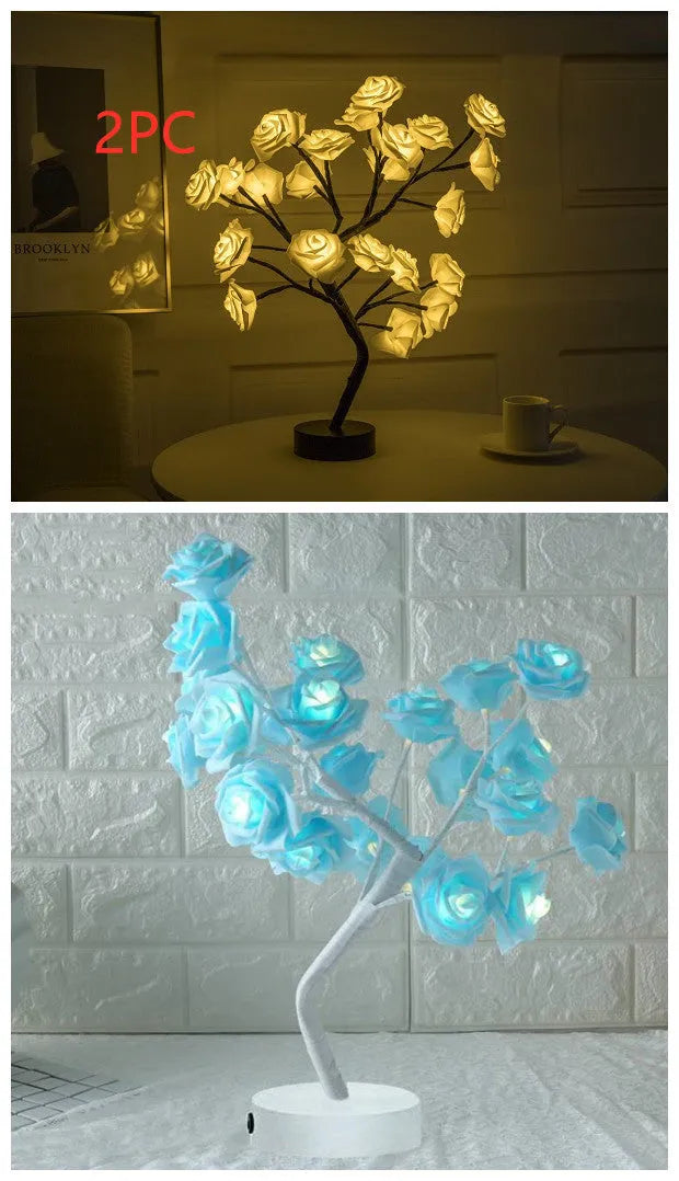 Rose flower LED table lamp with warm white glow on a flat surface, showing PE cotton flowers and bonsai tree shape