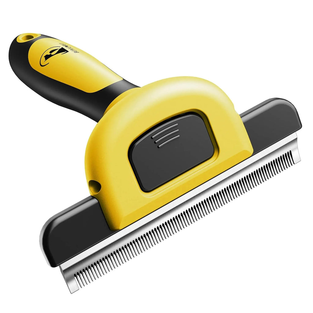 Blue and yellow dog grooming comb with stainless steel pins for hair removal and knot untying