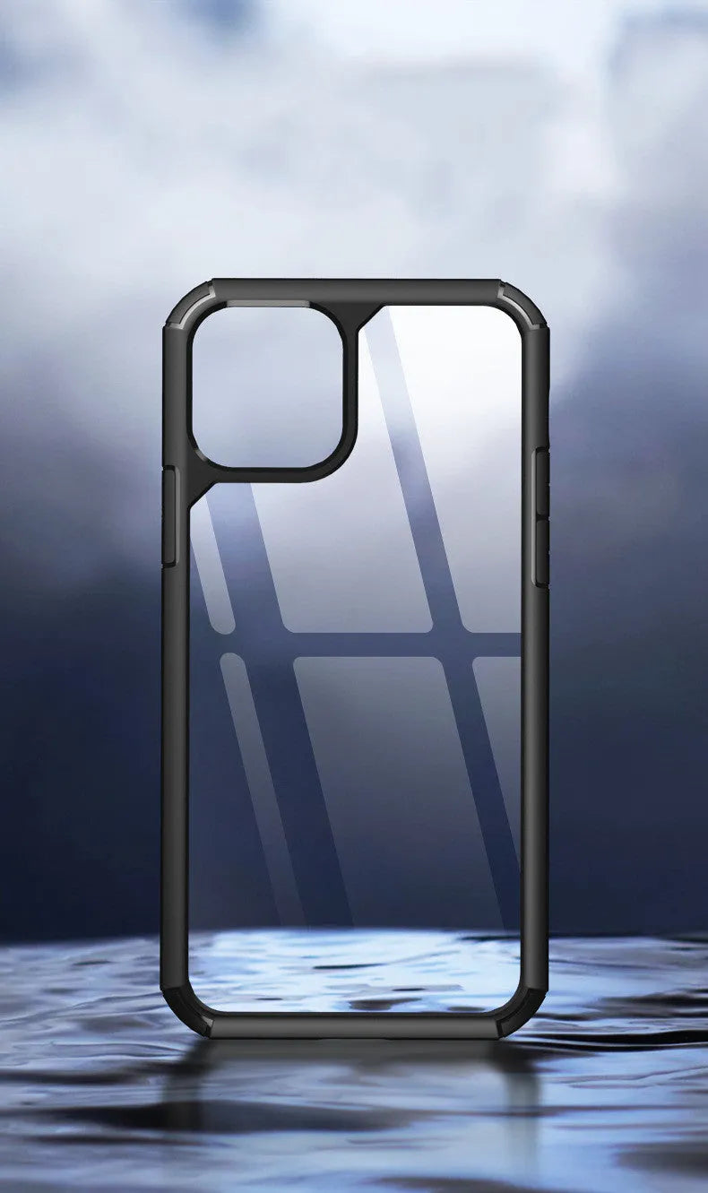 Transparent black TPU and PC anti-fall protective sleeve for iPhone and Galaxy phones.