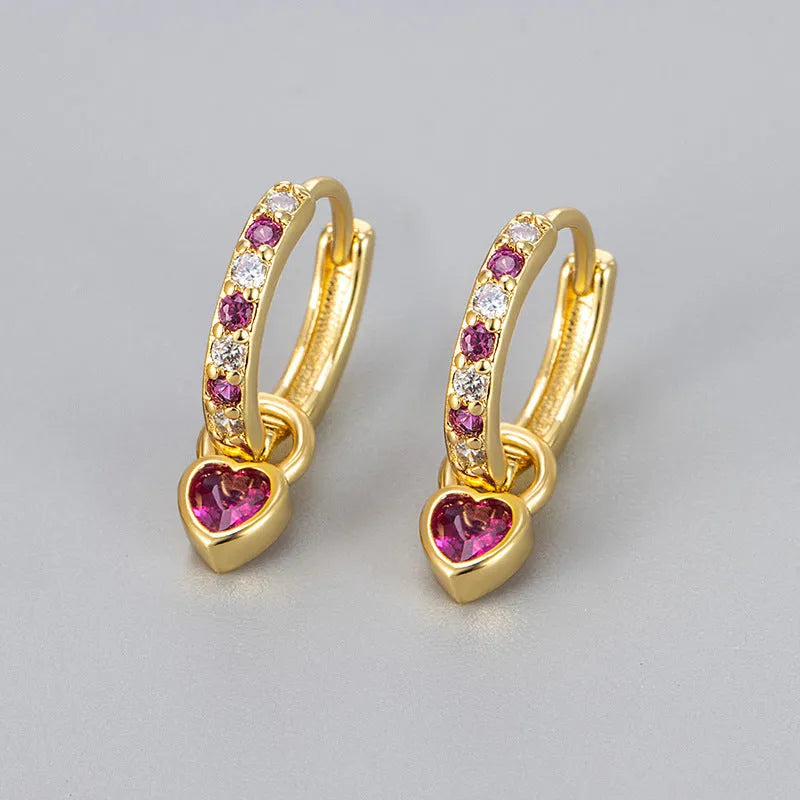 Women's heart-shaped zircon drop earrings with coloured gemstone centre and ear clip fastening